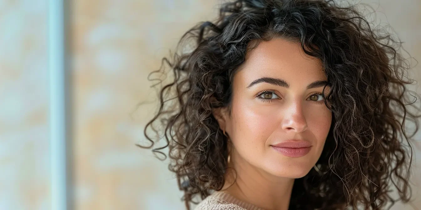 a medium wide shot of a woman with curly hair looking over her shoulder toward the camera