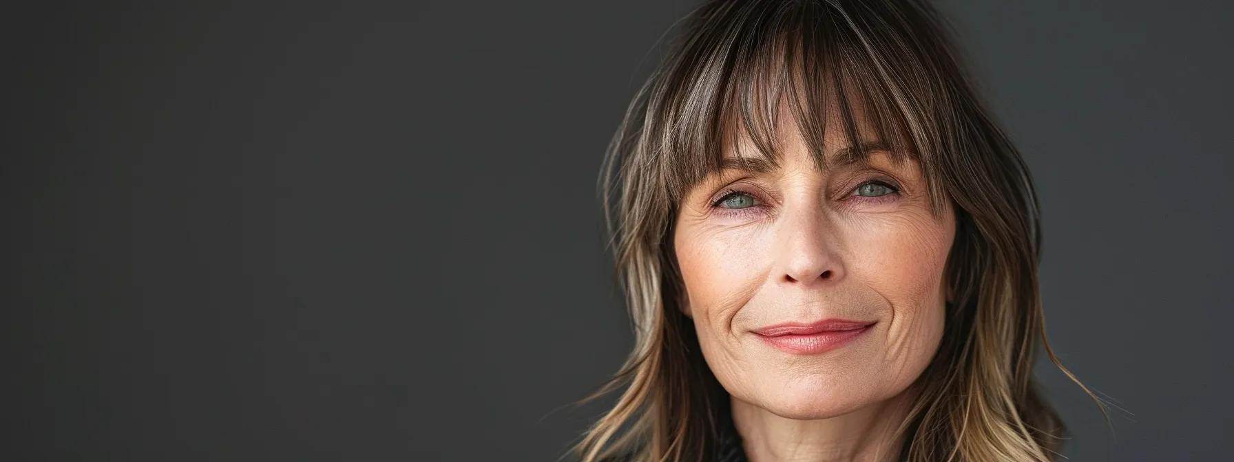 Discover the Best Bangs for Your Face Shape 4 a middle-aged lady with brunette hair with blond highlights and a heart-shaped face and long bangs