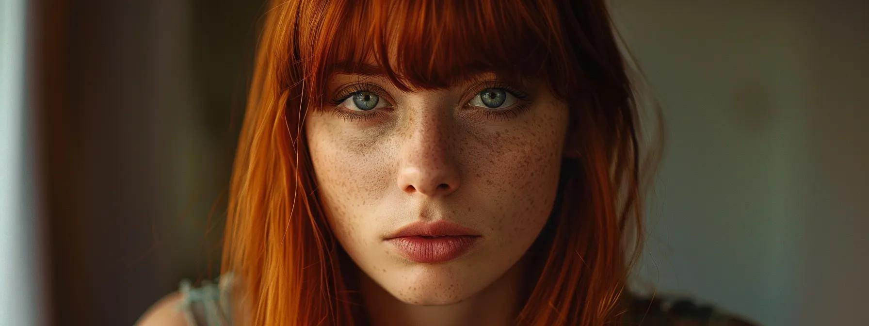 Discover the Best Bangs for Your Face Shape 5 a red-haired woman with a square-shaped face and bangs