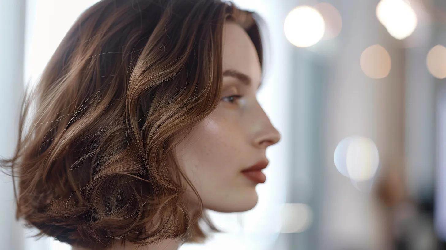 a beautifully styled medium-length layered hairstyle elegantly frames an oval face, showcasing soft waves that enhance the natural features and radiate confidence in a bright, well-lit salon setting.