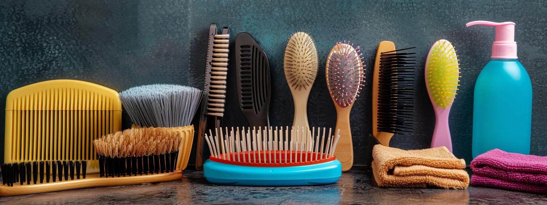 a collection of various combs, brushes, microfiber towels, and diffusers neatly displayed on a table, ready for maintaining curly hair. a collection of various combs, brushes, microfiber towels, and diffusers neatly displayed on a table, ready for maintaining curly hair.
