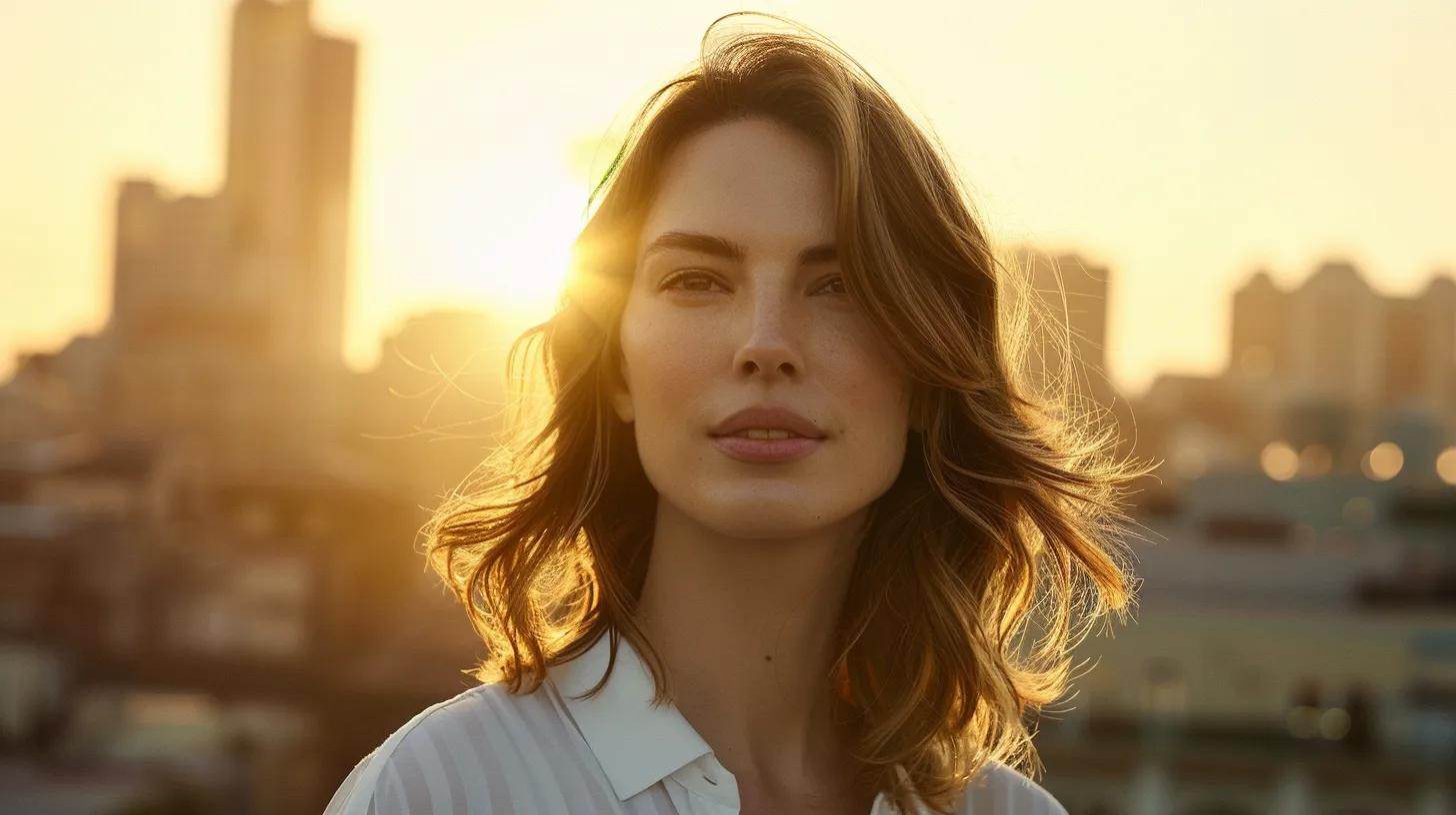 a radiant woman with medium-length layered hair, styled in soft, flowing waves, stands confidently against a vibrant urban backdrop, showcasing the effortless versatility and texture of her hairstyle in warm, golden sunset lighting.