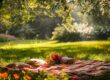a serene picnic setup featuring a vibrant blanket spread across a lush green meadow, complemented by a picturesque backdrop of blooming flowers and dappled sunlight filtering through overhead branches.