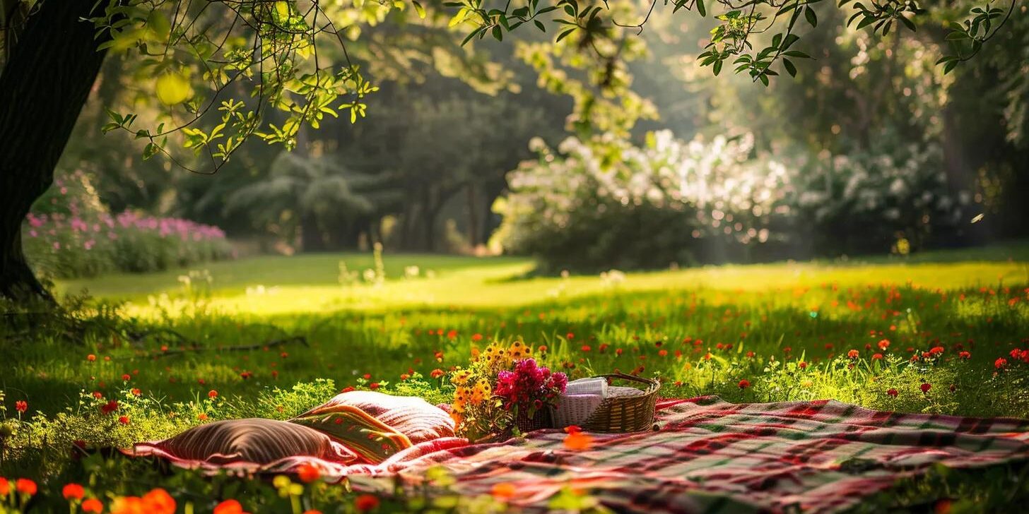 a-a-serene-picnic-setup-featuring-df2f5b1f-bd57-4df0-9c4c-7d0dade18096.webp a serene picnic setup featuring a vibrant blanket spread across a lush green meadow, complemented by a picturesque backdrop of blooming flowers and dappled sunlight filtering through overhead branches.