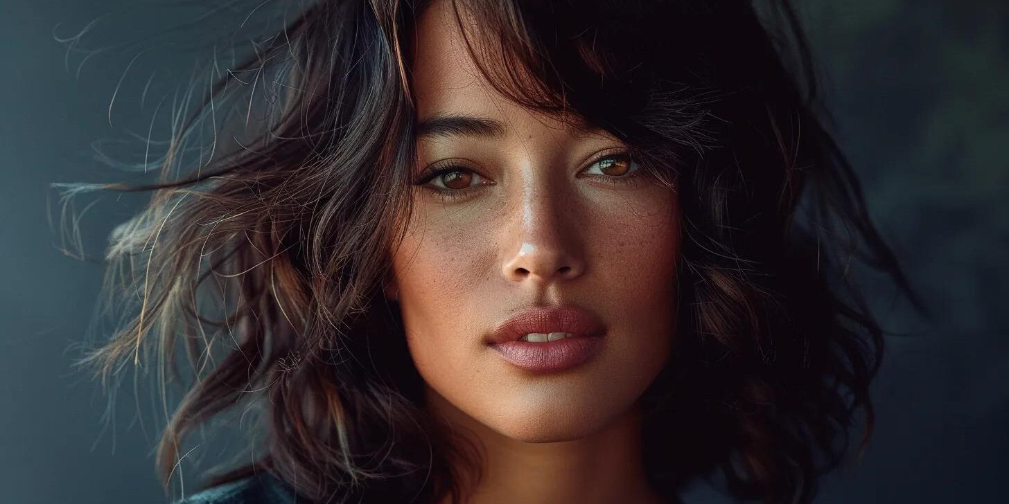 a stunning portrait of a woman showcasing a medium-length, layered hairstyle that cascades elegantly, illuminated by soft, diffused lighting for a fresh and vibrant look.