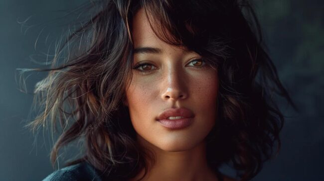 a stunning portrait of a woman showcasing a medium-length, layered hairstyle that cascades elegantly, illuminated by soft, diffused lighting for a fresh and vibrant look.