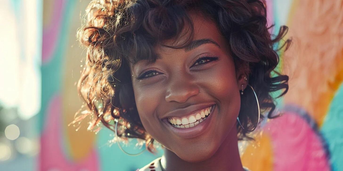 a stylish woman with a radiant smile showcases the perfect bangs framing her face, illuminated by soft natural light against a vibrant backdrop.