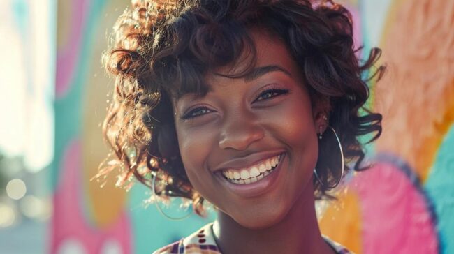 a stylish woman with a radiant smile showcases the perfect bangs framing her face, illuminated by soft natural light against a vibrant backdrop.