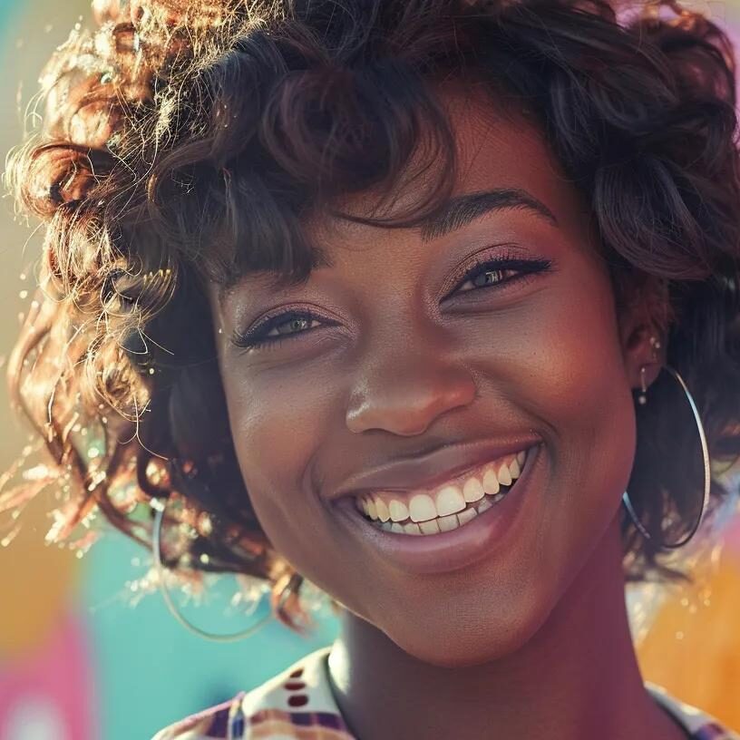 a stylish woman with a radiant smile showcases the perfect bangs framing her face, illuminated by soft natural light against a vibrant backdrop.