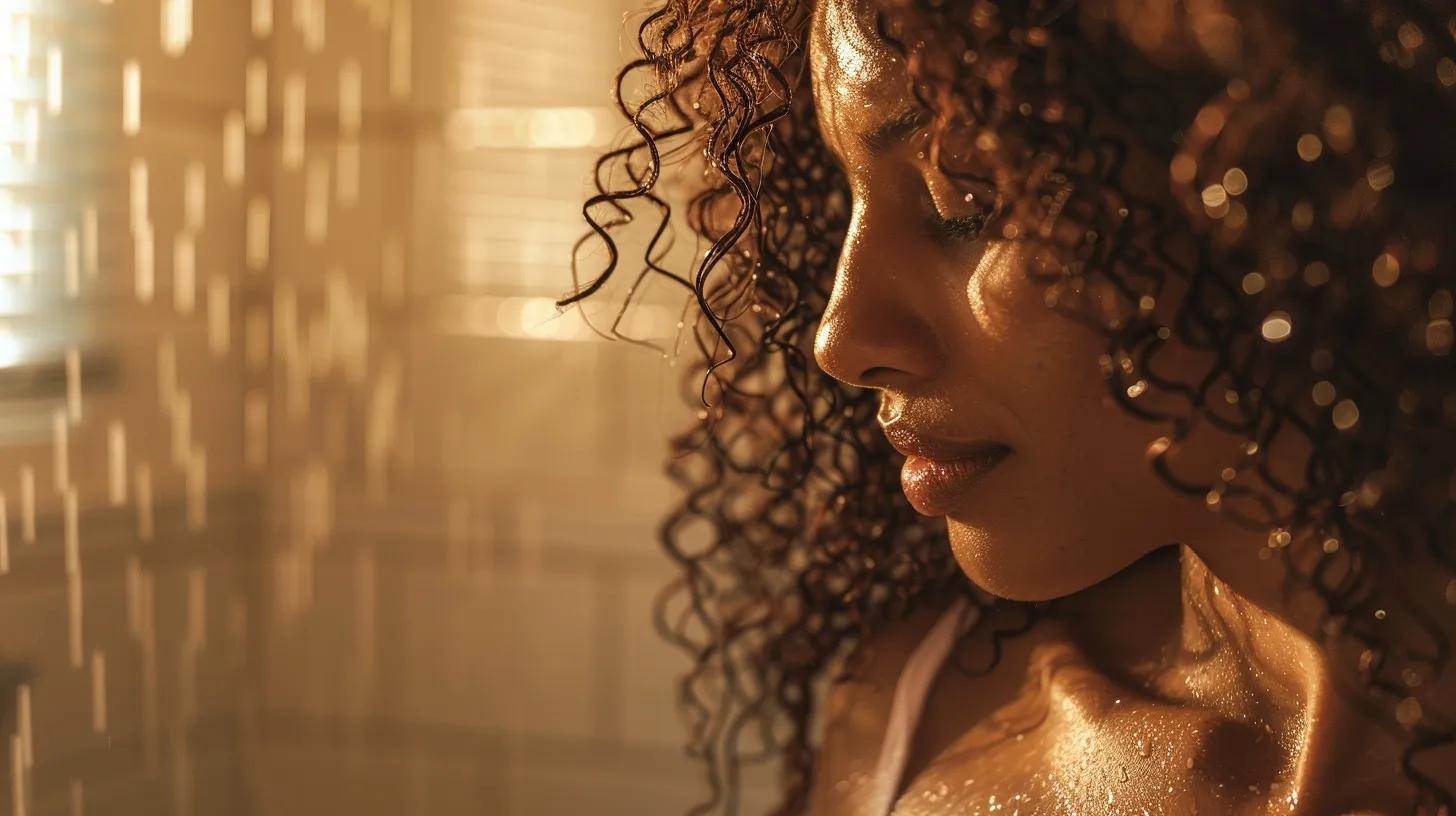 Understanding the Importance of Deep Conditioning for Curly Hair 5 a vibrant close-up of luscious, well-defined curly hair, glistening with a rich deep conditioner, set against a softly lit, serene bathroom background that highlights the hair's healthy shine and texture.