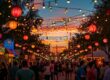 a vibrant street scene captures the lively essence of north dallas's traditional festivals, adorned with colorful decorations, joyous crowds in festive attire, and a backdrop of twinkling lights under a golden sunset.