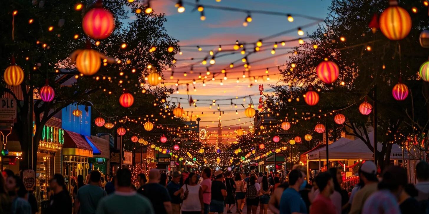 a vibrant street scene captures the lively essence of north dallas's traditional festivals, adorned with colorful decorations, joyous crowds in festive attire, and a backdrop of twinkling lights under a golden sunset.