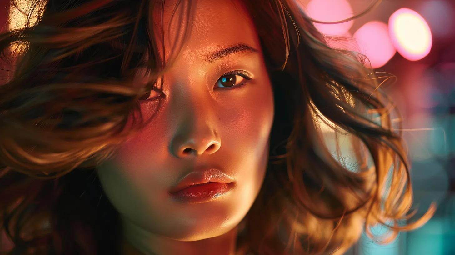 a vibrant, well-lit close-up of a model with flowing, medium-length layered hair cascading gracefully, showcasing the shine and texture, with a backdrop of soft, blurred salon colors to emphasize the elegance of the hairstyle.