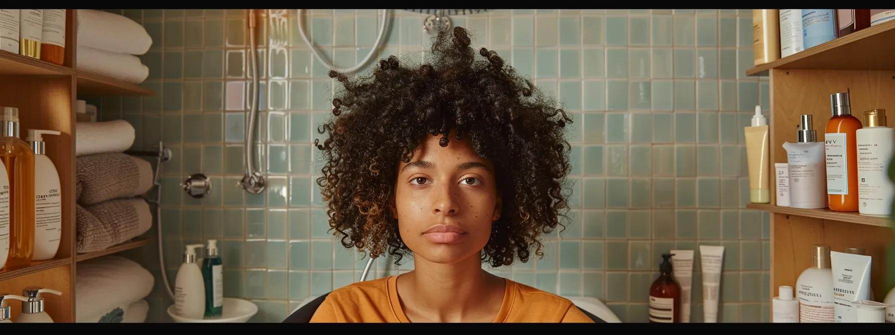 a woman standing in a shower, surrounded by various sulfate-free shampoos, moisturizing conditioners, and hair care tools like microfiber towels and hair dryers, showcasing the essentials for healthy curls. a woman standing in a shower, surrounded by various sulfate-free shampoos, moisturizing conditioners, and hair care tools like microfiber towels and hair dryers, showcasing the essentials for healthy curls.