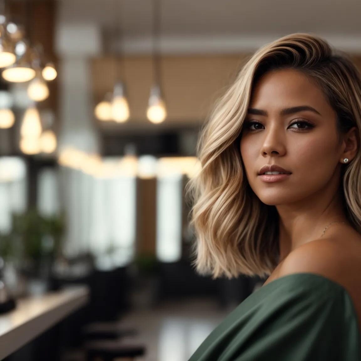 a chic, modern salon showcases a stylist expertly crafting an effortless short hairstyle on a vibrant model illuminated by soft, natural light, creating a fresh and dynamic atmosphere.