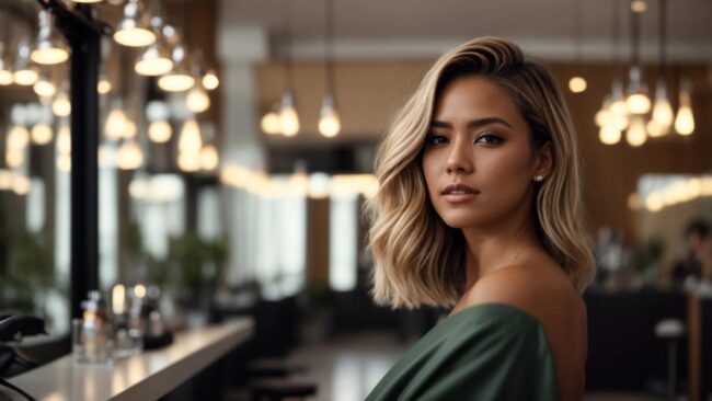 a chic, modern salon showcases a stylist expertly crafting an effortless short hairstyle on a vibrant model illuminated by soft, natural light, creating a fresh and dynamic atmosphere.