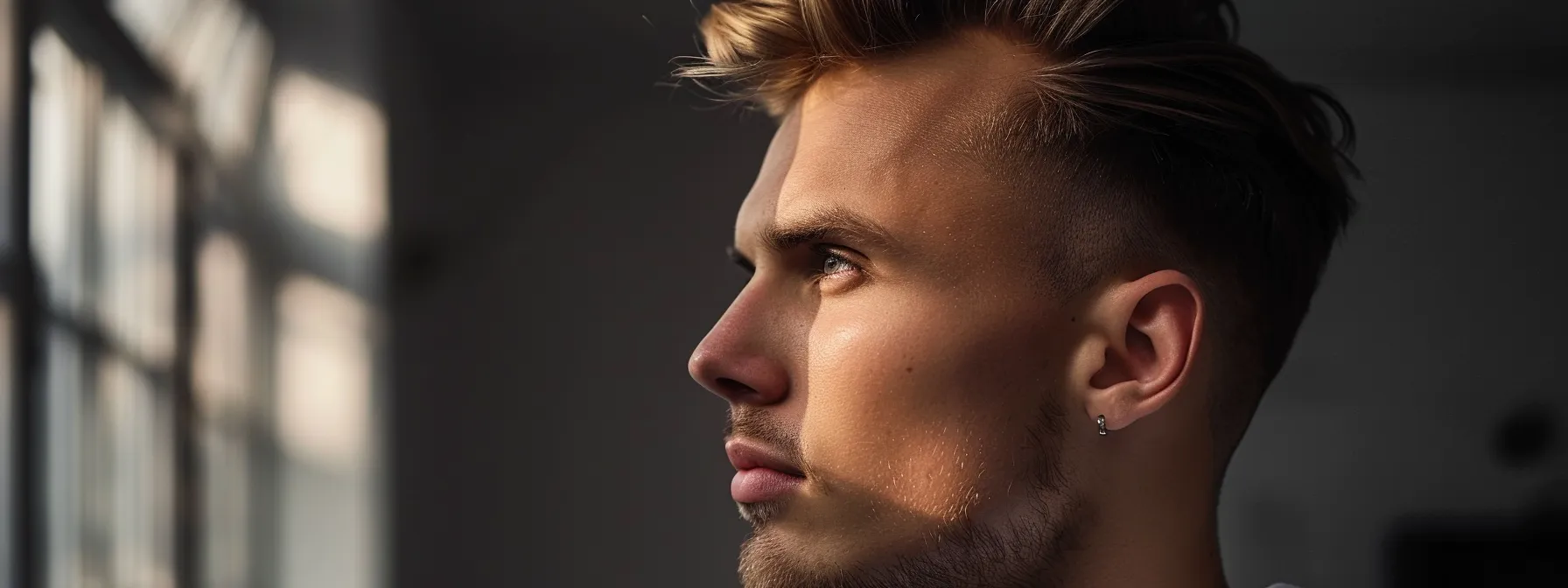 a confident man with a modern undercut hairstyle confidently poses with sharp, ear-defining style. a confident man with a modern undercut hairstyle confidently poses with sharp, ear-defining style.