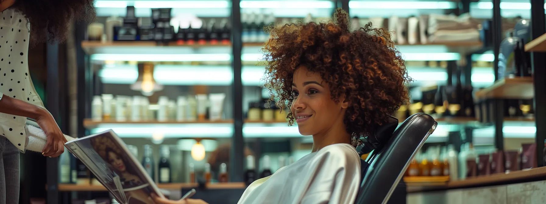 a curly-haired woman sitting in a chic salon chair, consulting with a specialist while browsing through a magazine of trendy short haircuts for inspiration. a curly-haired woman sitting in a chic salon chair, consulting with a specialist while browsing through a magazine of trendy short haircuts for inspiration.