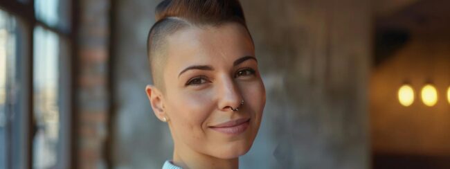 a woman with a sleek undercut hairstyle. She's smiling and looking at the camera.