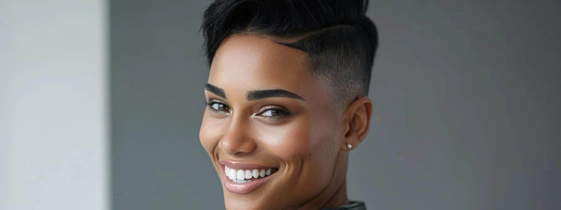 The Ultimate Guide: How to Maintain an Undercut Like a Pro 1 a woman with a sleek undercut hairstyle. She's smiling and looking at the camera.