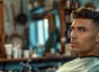 a stylish man sitting in a barber's chair, with a sleek and sharp undercut hairstyle, confidently checking himself out in the mirror.