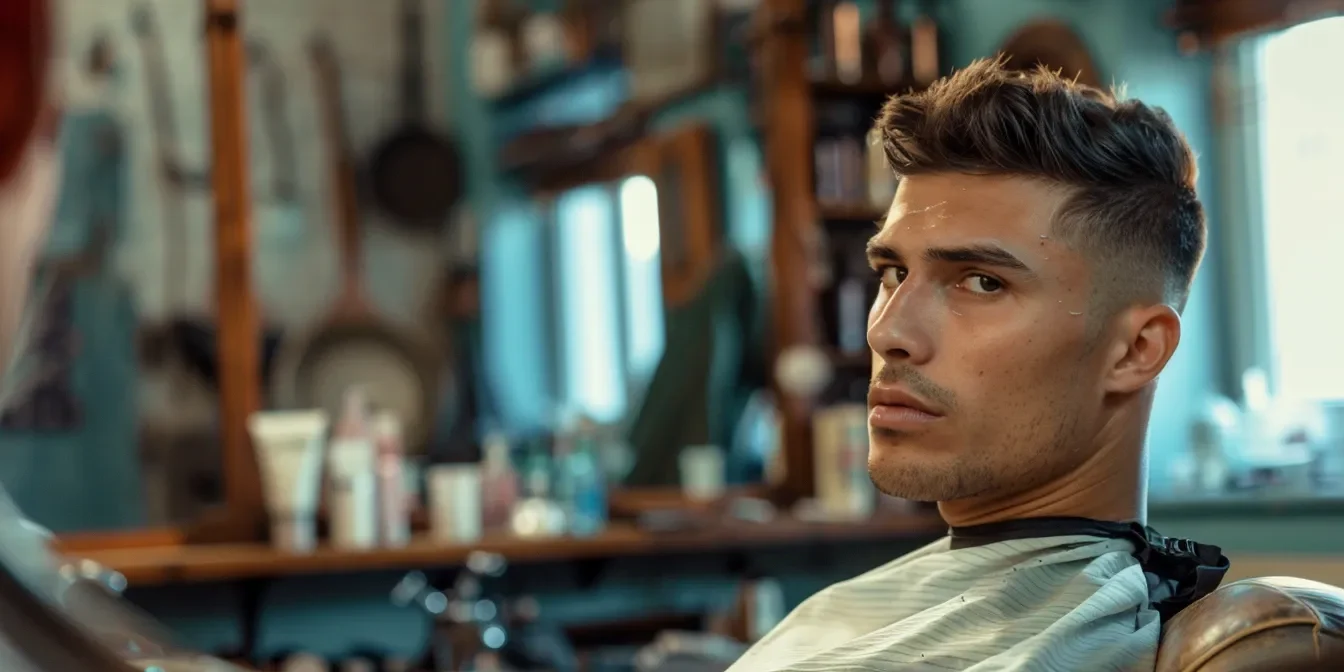 a-stylish-man-sitting-in-a-6f24aa56-fd6e-49ac-9fee-1d57bb91049a.webp a stylish man sitting in a barber's chair, with a sleek and sharp undercut hairstyle, confidently checking himself out in the mirror.