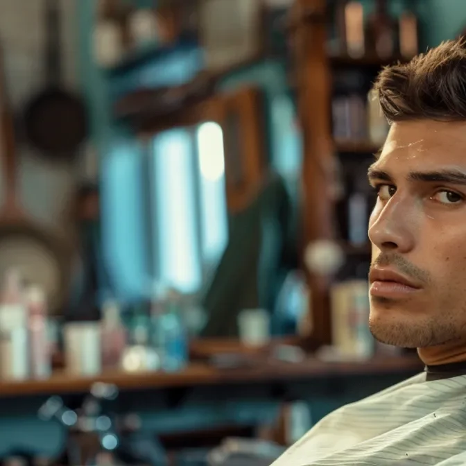 a stylish man sitting in a barber's chair, with a sleek and sharp undercut hairstyle, confidently checking himself out in the mirror.