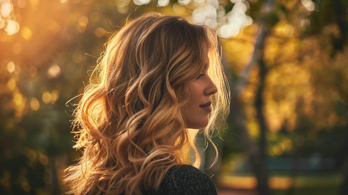 a stylishly layered medium length hairstyle cascades effortlessly, showcasing soft beachy waves under warm, golden sunlight, embodying the perfect blend of volume and sleek elegance.