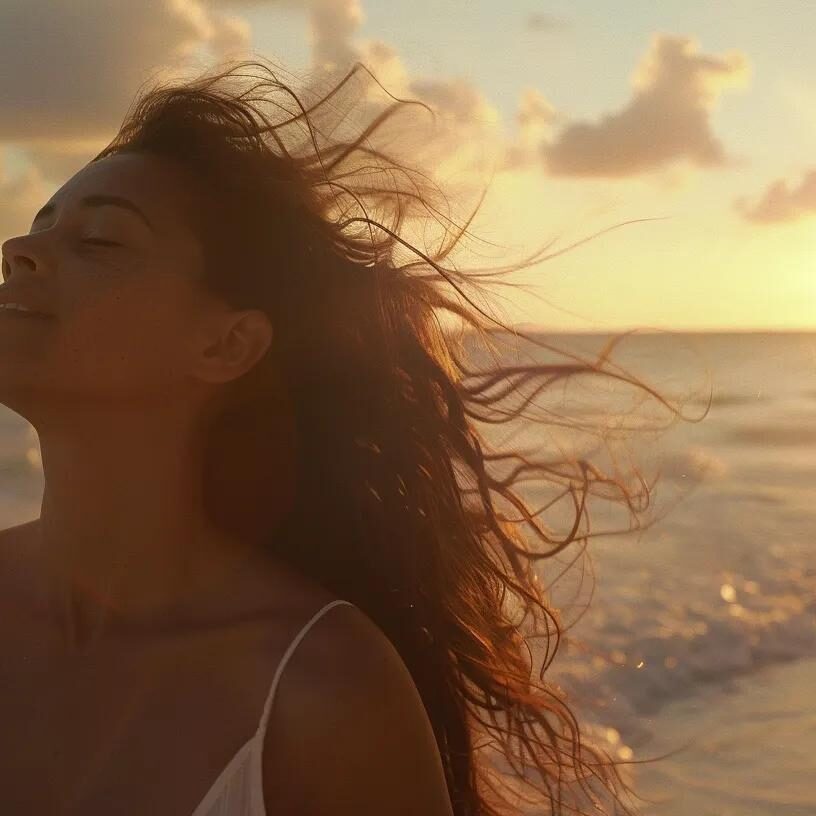 woman with long healthy hair blowing in the wind at the beach