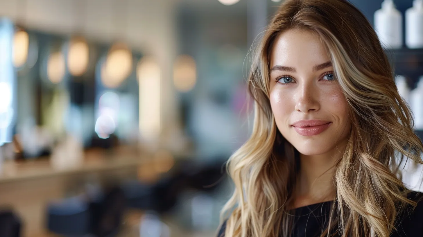 Effective Natural Treatments for Promoting Healthy Long Hair Growth 1 beautiful woman with blonde highlights throughout her brown hair. She's looking at the camera with a smile while her hair is moving with the wind. the background of a salon is blurred so she is the main focal point.