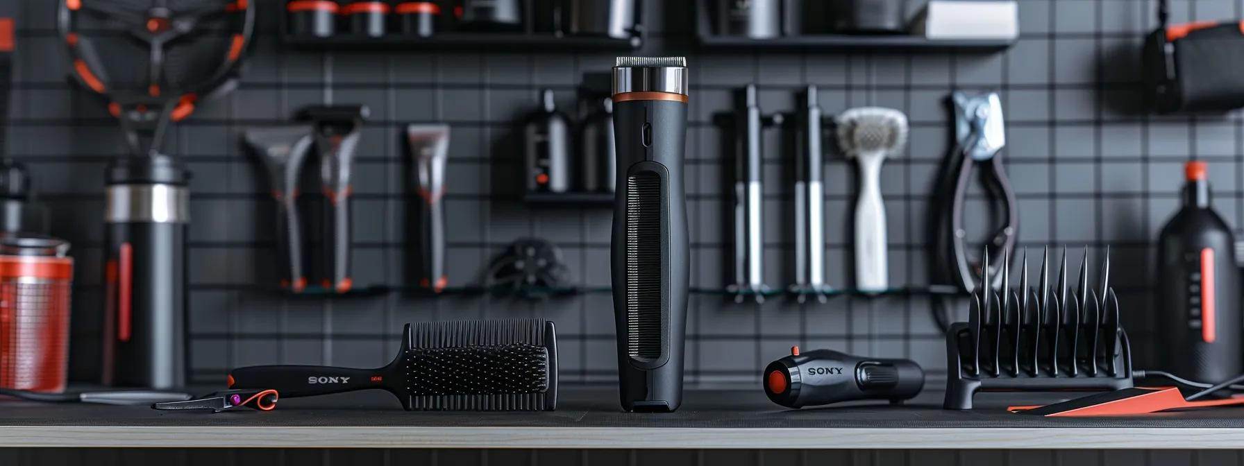 a sleek, black electric clipper with various attachments and a fine-toothed comb neatly arranged on a clean, organized workspace. a sleek, black electric clipper with various attachments and a fine-toothed comb neatly arranged on a clean, organized workspace.