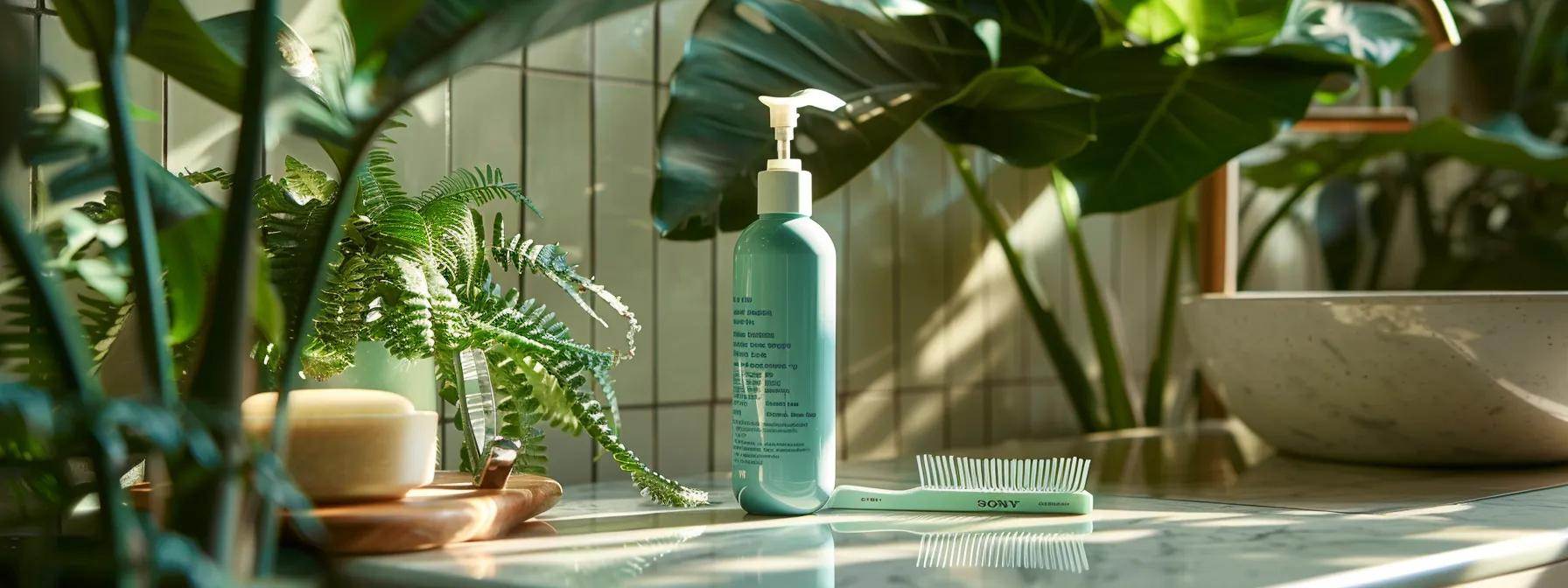 a vibrant bottle of leave-in conditioner spray sitting next to a wide-tooth comb on a bathroom counter, surrounded by lush green plants. a vibrant bottle of leave-in conditioner spray sitting next to a wide-tooth comb on a bathroom counter, surrounded by lush green plants.