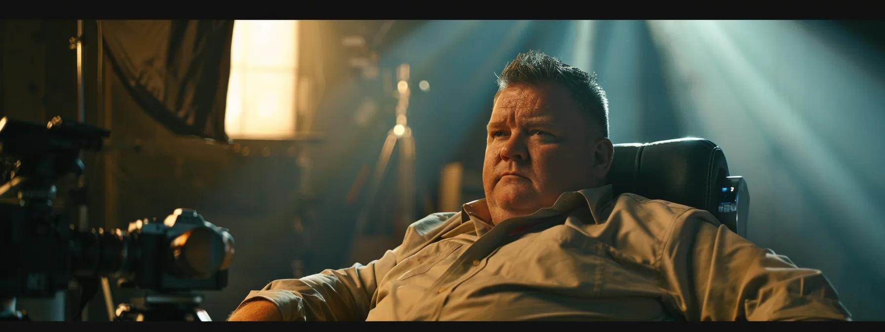 Guide to Styling Men's Undercut: Expert Tips and Techniques 2 a 40 year old man that is slightly overweight sitting in a movie producer chair. The background is a slightly blurred movie set. The man's hair is an undercut with blond highlights on top.