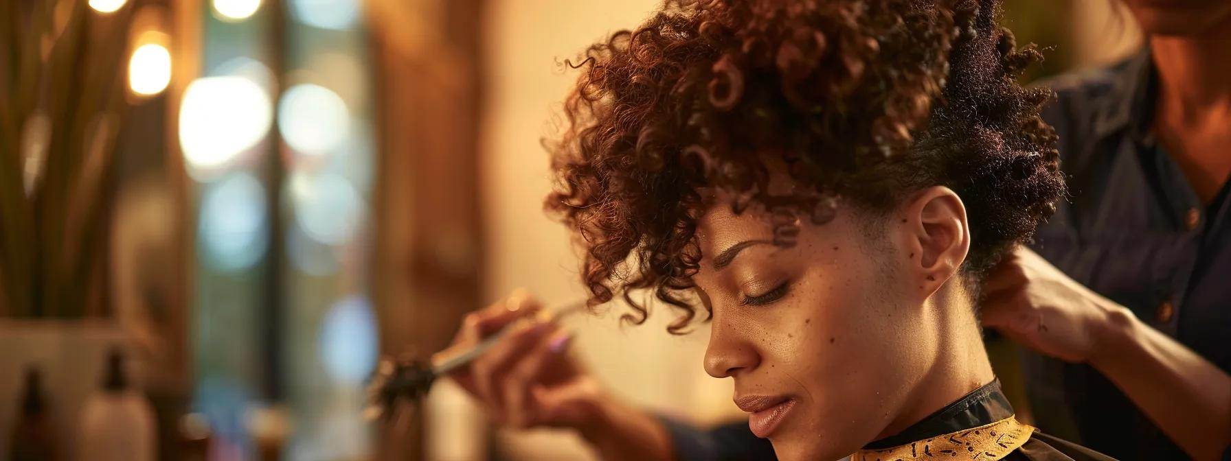 Ultimate Guide to Short Haircuts for Curly Hair 3 a vibrant salon setting with a professional stylist carefully shaping and enhancing short, curly hair.