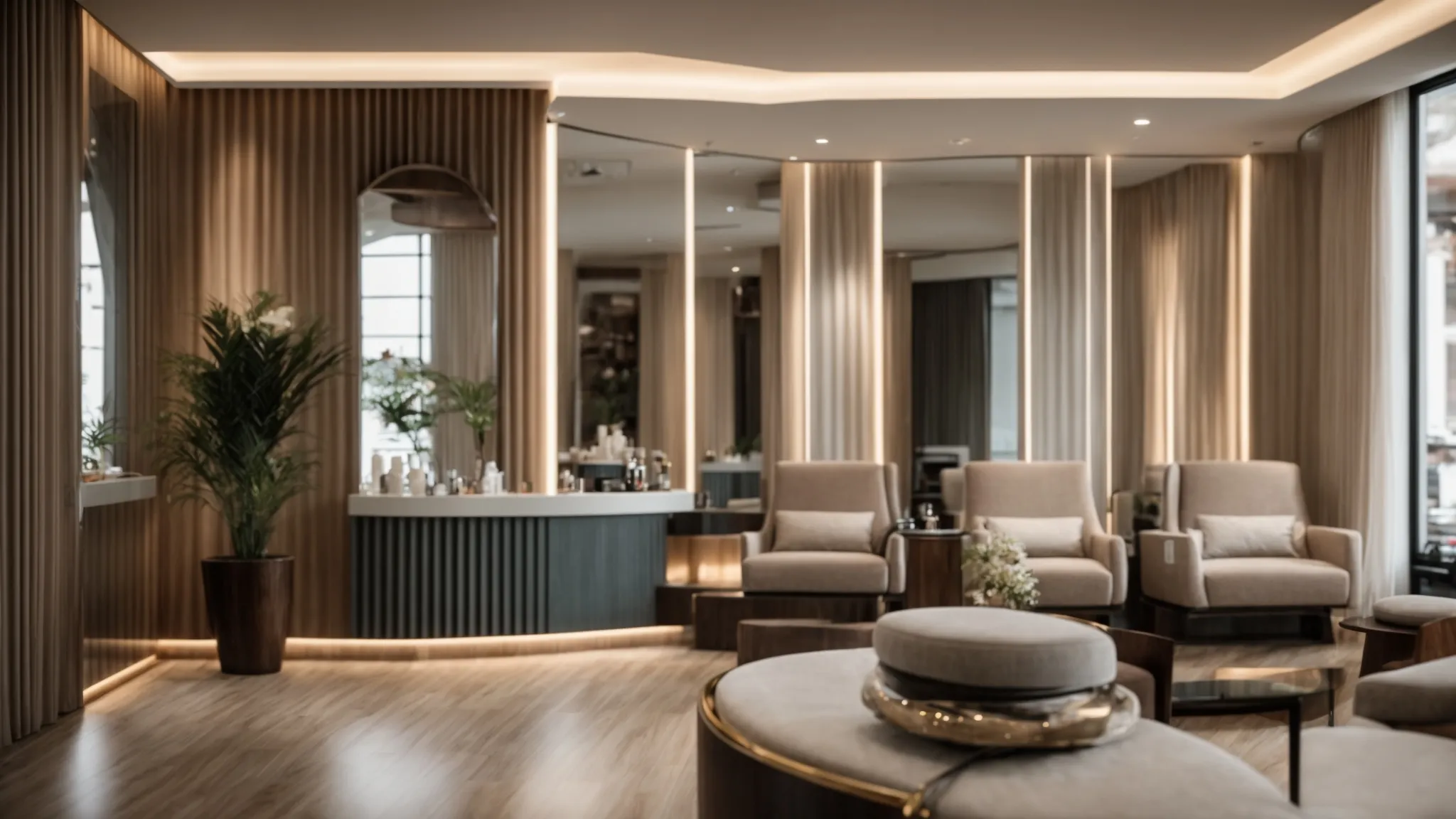 Hair Salon vs. Beauty Salon: Which One is Right for You? 2 a serene beauty salon interior, featuring elegant furnishings and soft, ambient lighting, evokes a sense of tranquility and indulgence, highlighting the diverse range of luxurious treatments available.
