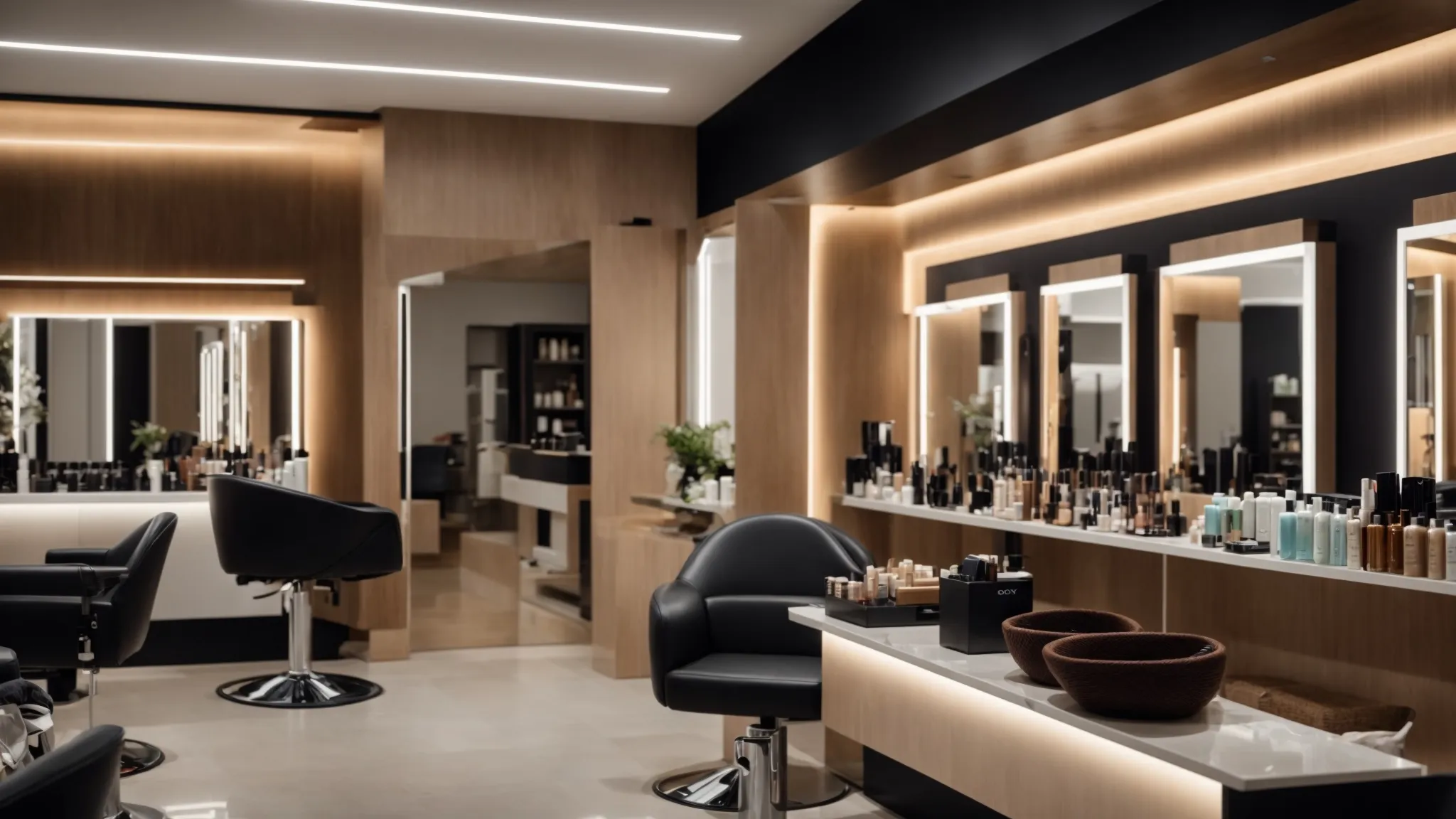 Hair Salon vs. Beauty Salon: Which One is Right for You? 5 a serene, stylish salon interior with elegant lighting highlights a vibrant, well-organized display of hair care products, capturing the essence of professional beauty and personalized service.