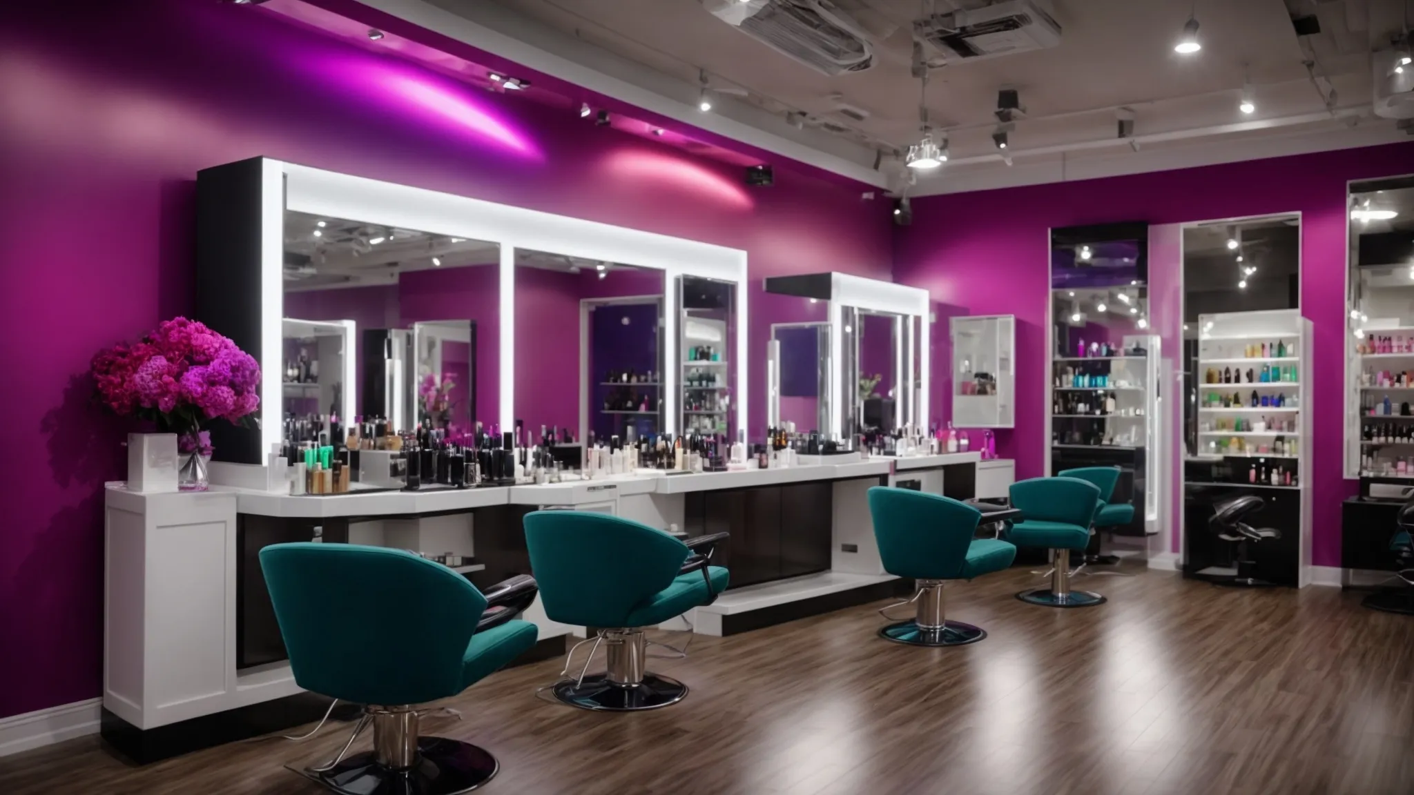 Hair Salon vs. Beauty Salon: Which One is Right for You? 3 a vibrant hair salon, filled with an array of colorful hair products and chic styling stations, contrasts against an elegant beauty salon adorned with luxurious nail polish displays and serene, ambient lighting, showcasing the distinct atmospheres and services of each establishment.