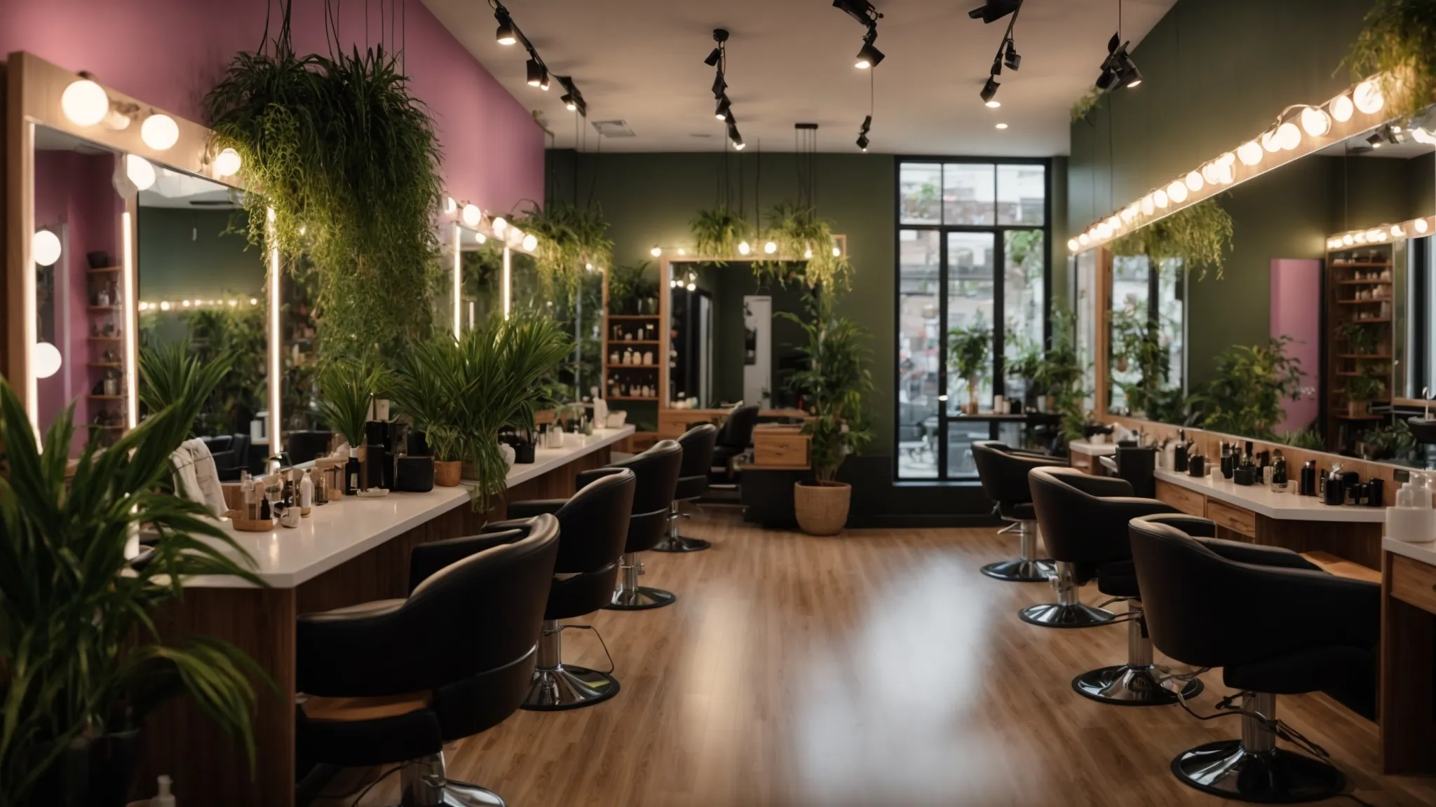 Hair Salon vs. Beauty Salon: Which One is Right for You? 1 a vibrant hair salon interior exuding a welcoming atmosphere, featuring stylishly arranged hairdressing stations, lush plants, and clients enjoying rejuvenating treatments under warm, soft lighting.
