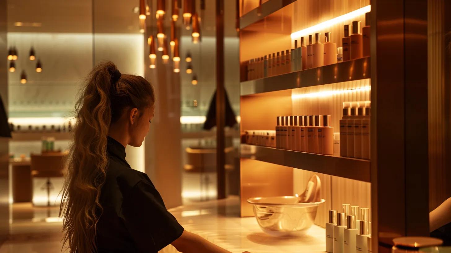 Wedding Hair Styles for a Glamorous Look 5 a modern salon interior featuring a professional stylist expertly crafting an elegant updo on long hair, illuminated by warm, diffused lighting that highlights the refined ambiance and premium hair products displayed nearby.
