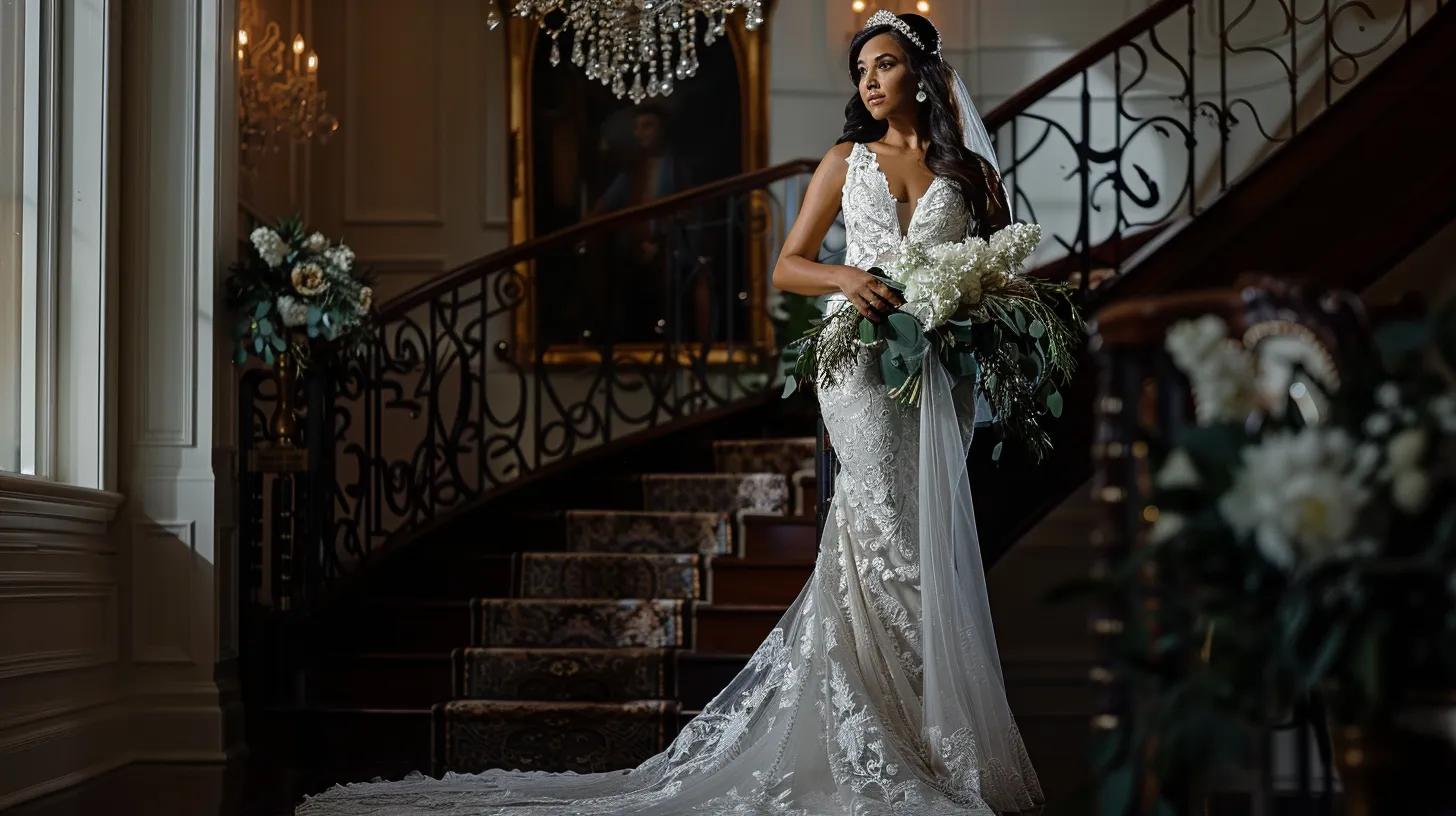 Wedding Hair Styles for a Glamorous Look 3 a stunning bride stands confidently in an elegantly decorated indoor venue, showcasing a harmonious bridal look with cascading curls that complement her plunging v-neck gown, adorned with delicate lace, while her vibrant floral bouquet enhances the overall cohesive aesthetic.