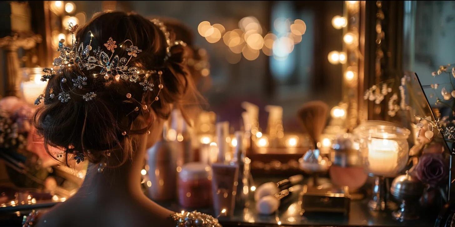 a-an-elegant-bridal-hair-sty-1863b6ae-9551-41a4-b73a-0159323c3883.webp an elegant bridal hair styling station features a beautifully arranged array of luxurious hair accessories and tools, with a softly lit mirror reflecting a bride's long, intricately styled hair, creating a sophisticated atmosphere of wedding preparation.