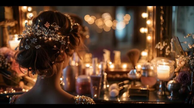 an elegant bridal hair styling station features a beautifully arranged array of luxurious hair accessories and tools, with a softly lit mirror reflecting a bride's long, intricately styled hair, creating a sophisticated atmosphere of wedding preparation.