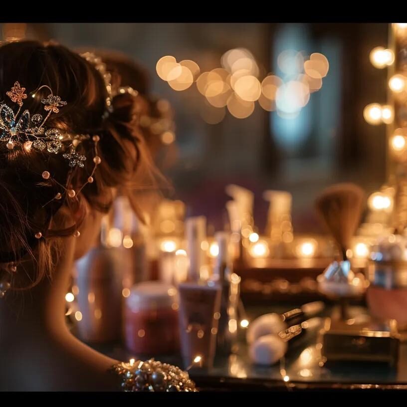 an elegant bridal hair styling station features a beautifully arranged array of luxurious hair accessories and tools, with a softly lit mirror reflecting a bride's long, intricately styled hair, creating a sophisticated atmosphere of wedding preparation.