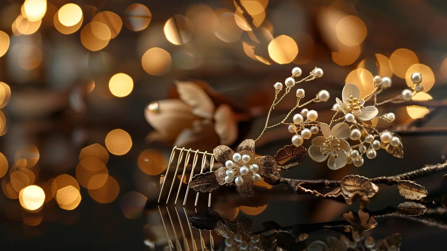 Wedding Hair Styles for a Glamorous Look 4 an elegant bridal hairstyle adorned with delicate pearl hairpins and a floral comb, showcased in a chic salon setting with soft, ambient lighting that highlights the intricate details of the accessories.